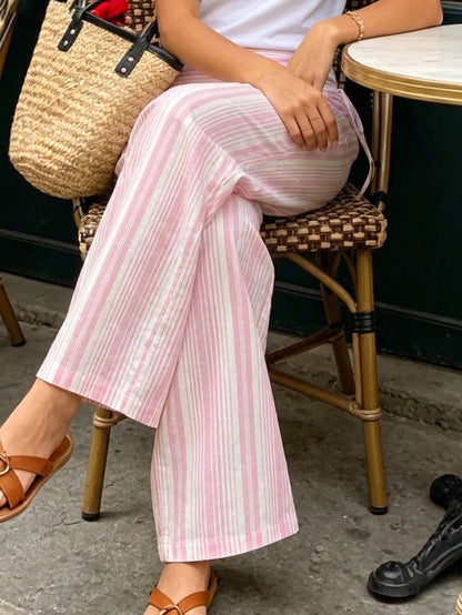 Women's Polyester Pink Striped Long Wide Leg Pants Non-Stretch Casual Pants Spring, Summer, Autumn And Winter Outing Commuting Y2K Style June Festival Country Music Concert, Effortless Style, Streetwe