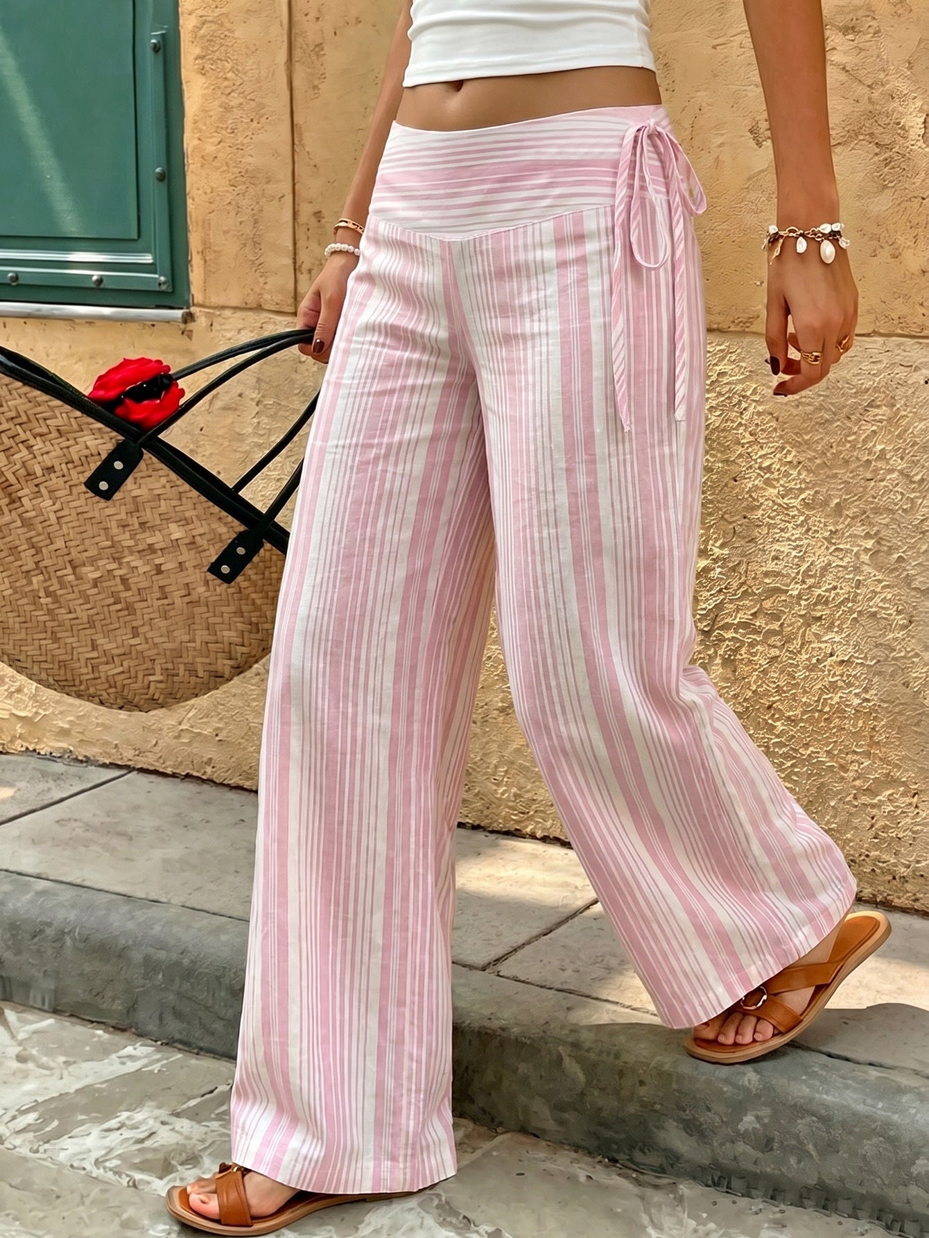 Women's Polyester Pink Striped Long Wide Leg Pants Non-Stretch Casual Pants Spring, Summer, Autumn And Winter Outing Commuting Y2K Style June Festival Country Music Concert, Effortless Style, Streetwe