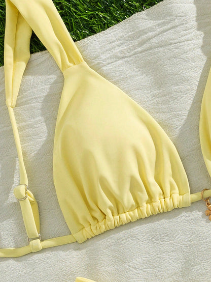 Women's Sexy Solid Yellow Bikini Set With Metal Flower Pendant, Elegant Casual Beach/Resort Wear Summer Vacation, Vacationcore