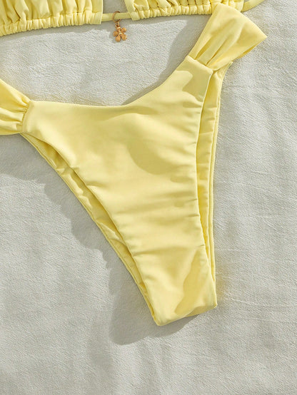 Women's Sexy Solid Yellow Bikini Set With Metal Flower Pendant, Elegant Casual Beach/Resort Wear Summer Vacation, Vacationcore