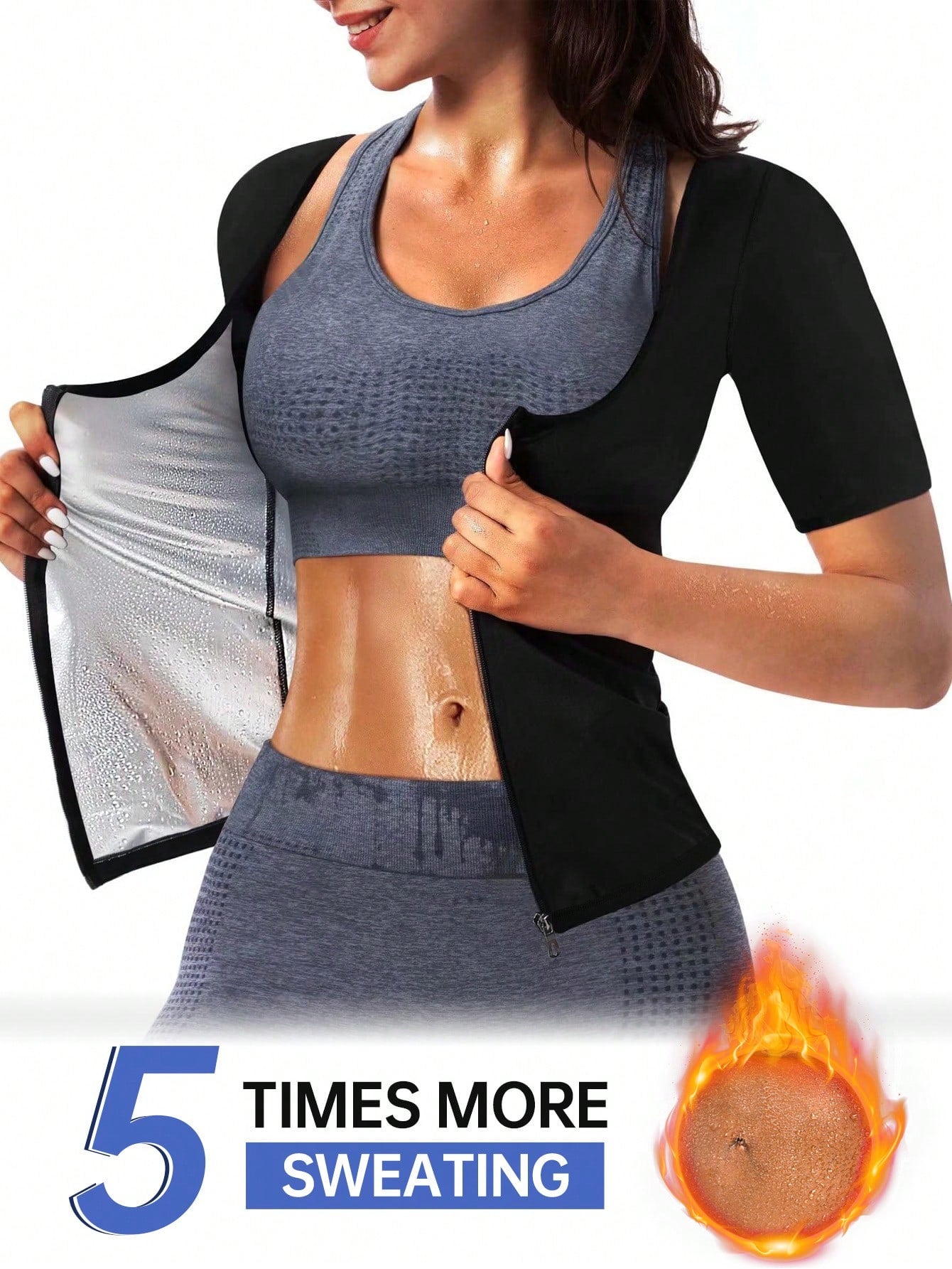 Women's Short Sleeve Zipper Sauna Suit, Solid Color Sports Fitness Top, Yoga Running Training Sweat-Wicking Activewear