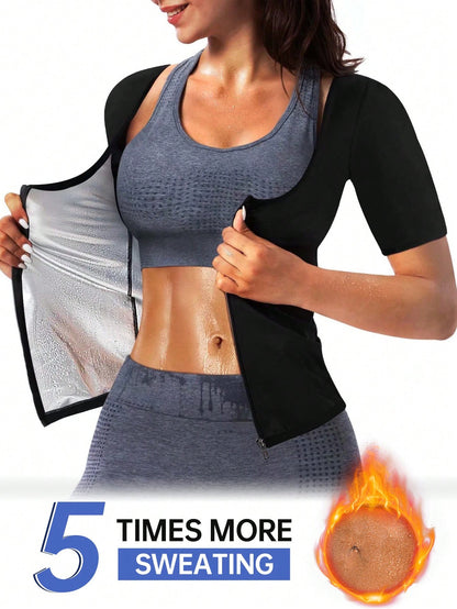 Women's Short Sleeve Zipper Sauna Suit, Solid Color Sports Fitness Top, Yoga Running Training Sweat-Wicking Activewear