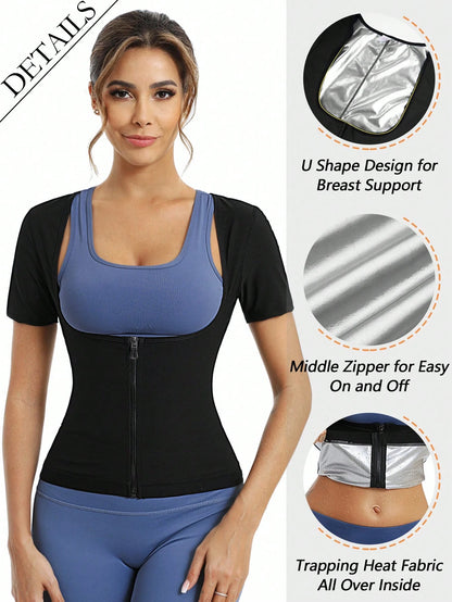 Women's Short Sleeve Zipper Sauna Suit, Solid Color Sports Fitness Top, Yoga Running Training Sweat-Wicking Activewear