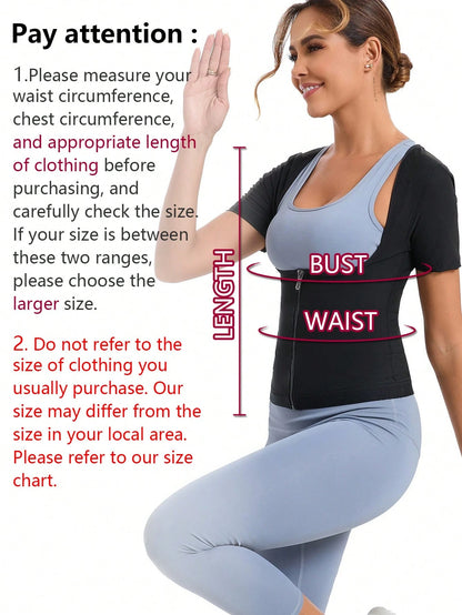 Women's Short Sleeve Zipper Sauna Suit, Solid Color Sports Fitness Top, Yoga Running Training Sweat-Wicking Activewear