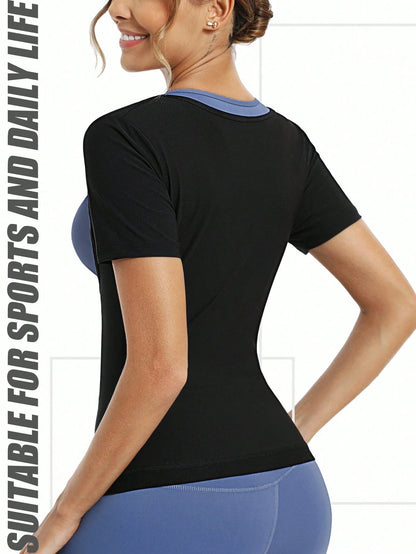 Women's Short Sleeve Zipper Sauna Suit, Solid Color Sports Fitness Top, Yoga Running Training Sweat-Wicking Activewear