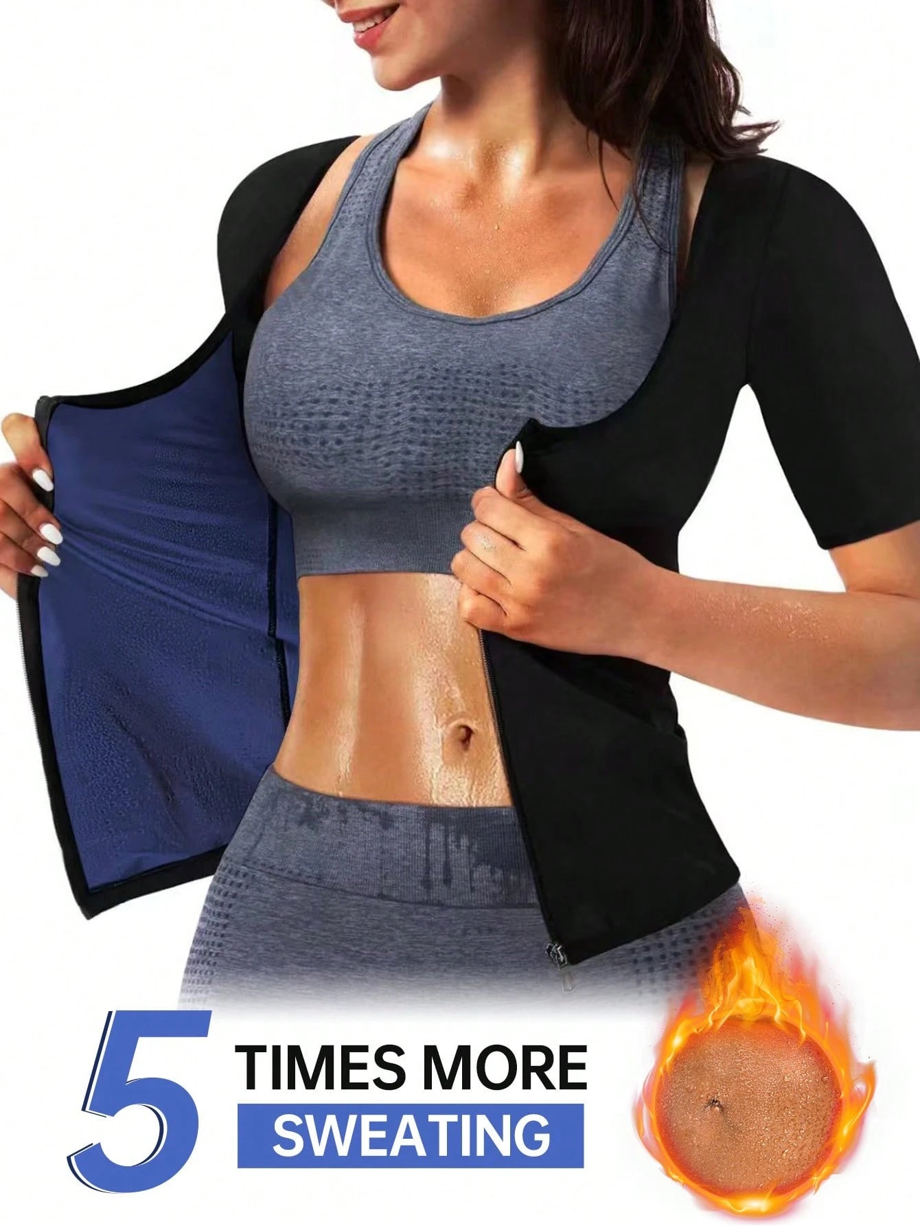 Women's Short Sleeve Zipper Sauna Suit, Solid Color Sports Fitness Top, Yoga Running Training Sweat-Wicking Activewear