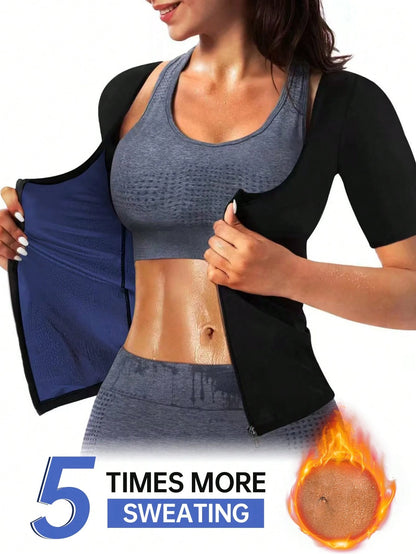 Women's Short Sleeve Zipper Sauna Suit, Solid Color Sports Fitness Top, Yoga Running Training Sweat-Wicking Activewear