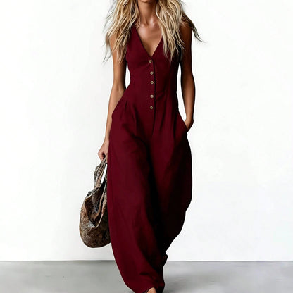 Women's Sleeveless V-Neck Button-Front Wide Leg Jumpsuit, Casual- Romper With Pockets
