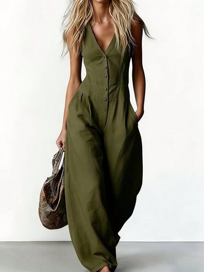 Women's Sleeveless V-Neck Button-Front Wide Leg Jumpsuit, Casual- Romper With Pockets