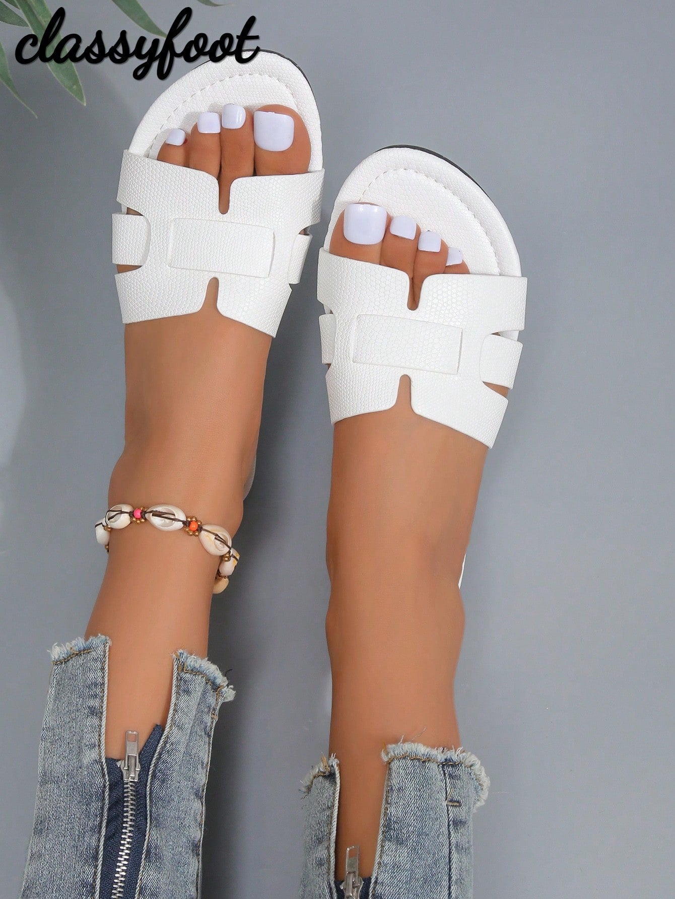 Women's Snake Pattern Slide Sandals, Flat Summer Holiday Indoor/Outdoor White Slippers,Beach Outfits