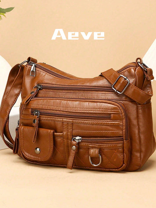 Women's Solid Brown Large Capacity Tote Bag, PU Leather Material, Multi-Layer Zipper Pockets Vintage Elegant Crossbody Bag, Small Leather Strap Zipper Handle, Braided Decor, Quilted Outdoor Shopping M