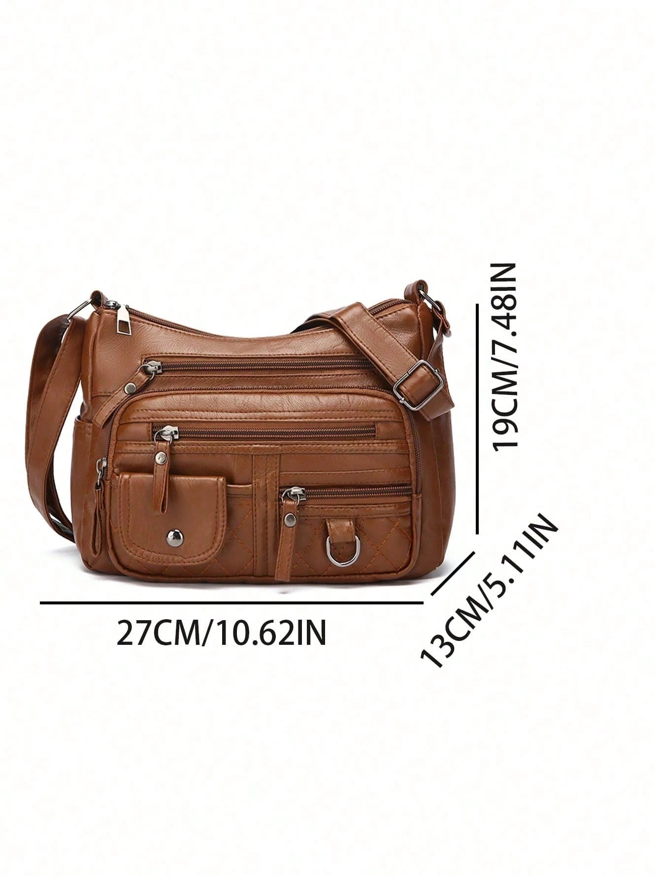 Women's Solid Brown Large Capacity Tote Bag, PU Leather Material, Multi-Layer Zipper Pockets Vintage Elegant Crossbody Bag, Small Leather Strap Zipper Handle, Braided Decor, Quilted Outdoor Shopping M