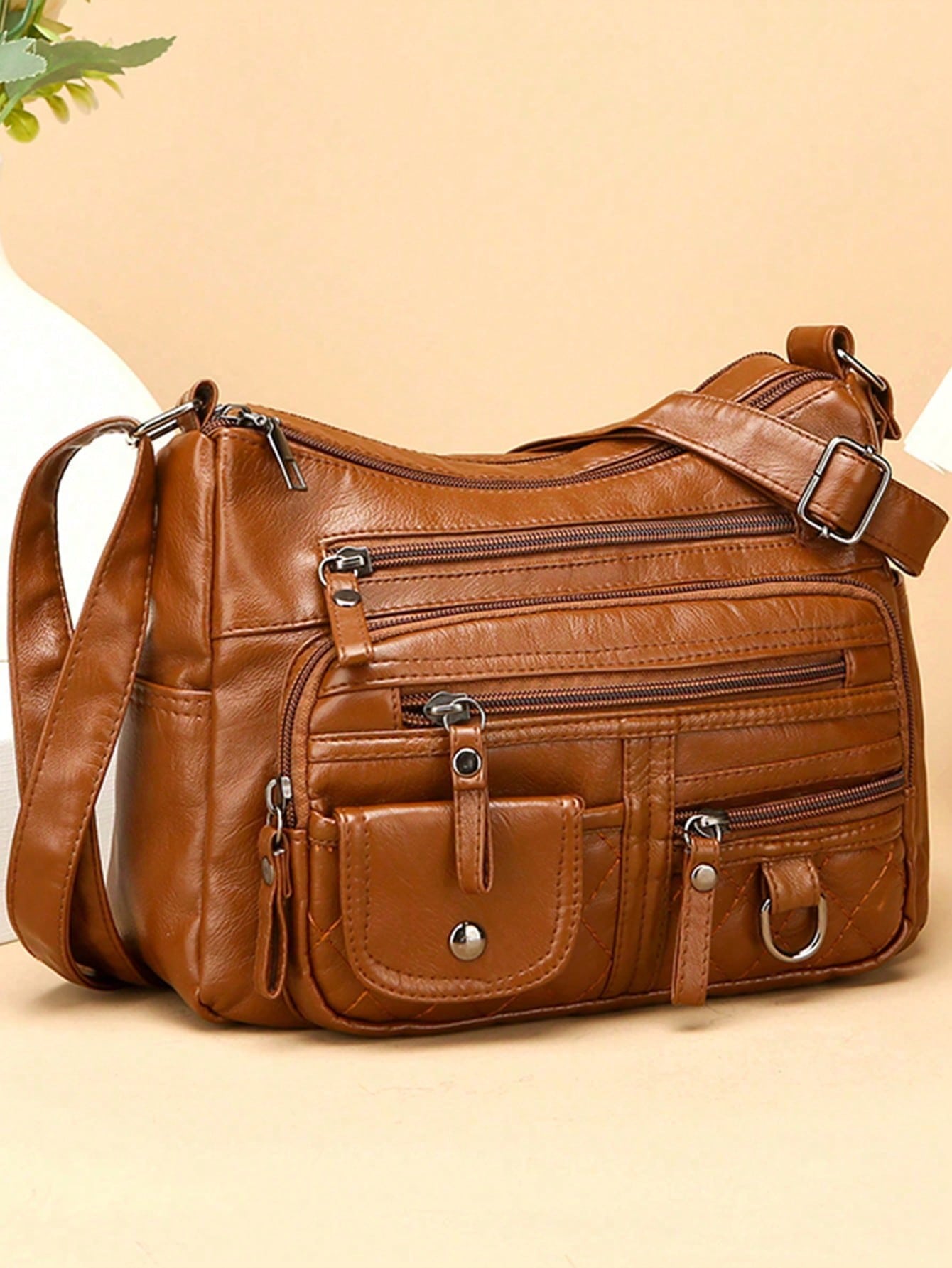 Women's Solid Brown Large Capacity Tote Bag, PU Leather Material, Multi-Layer Zipper Pockets Vintage Elegant Crossbody Bag, Small Leather Strap Zipper Handle, Braided Decor, Quilted Outdoor Shopping M
