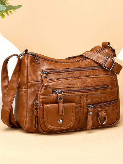 Women's Solid Brown Large Capacity Tote Bag, PU Leather Material, Multi-Layer Zipper Pockets Vintage Elegant Crossbody Bag, Small Leather Strap Zipper Handle, Braided Decor, Quilted Outdoor Shopping M