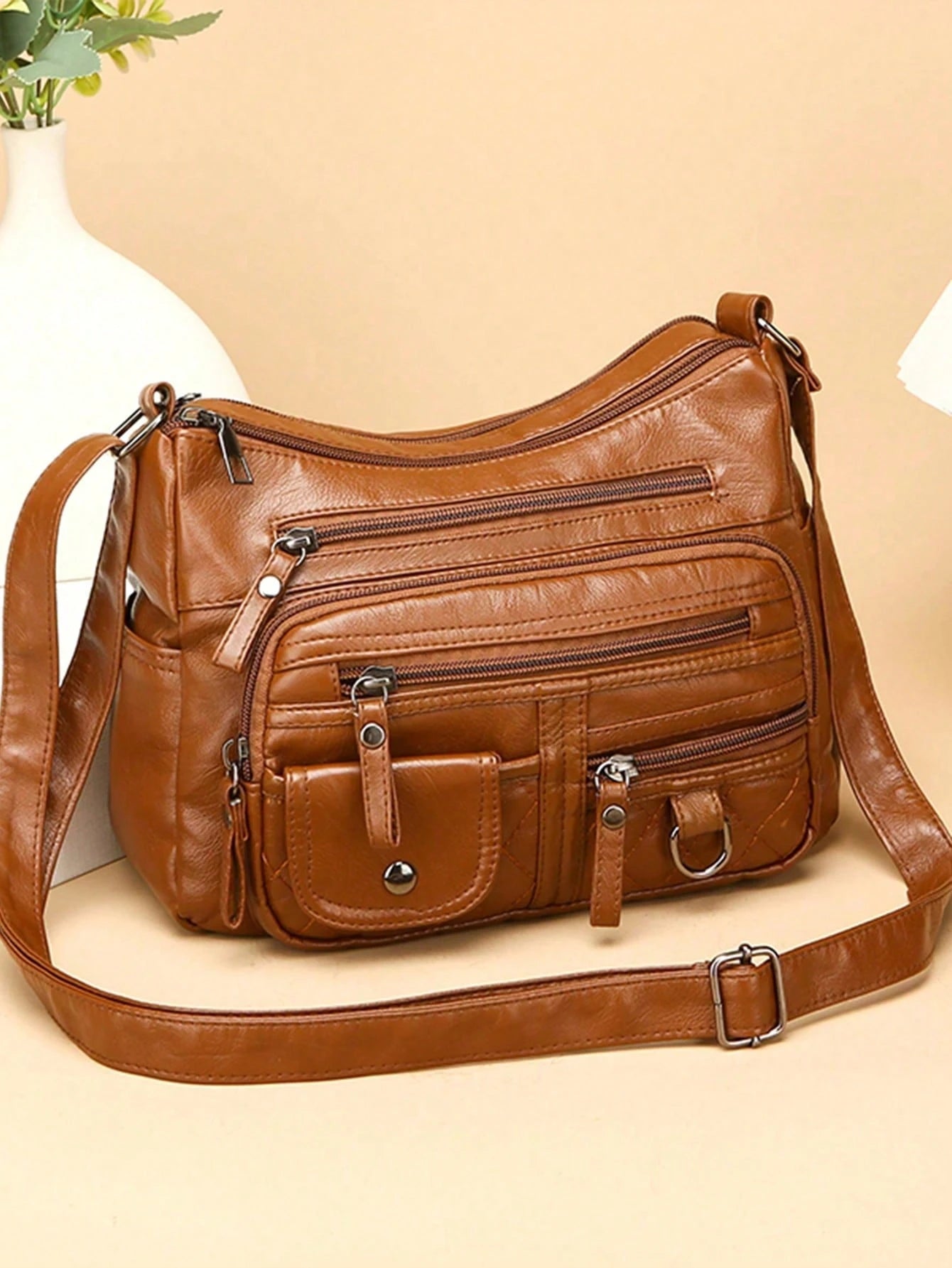 Women's Solid Brown Large Capacity Tote Bag, PU Leather Material, Multi-Layer Zipper Pockets Vintage Elegant Crossbody Bag, Small Leather Strap Zipper Handle, Braided Decor, Quilted Outdoor Shopping M