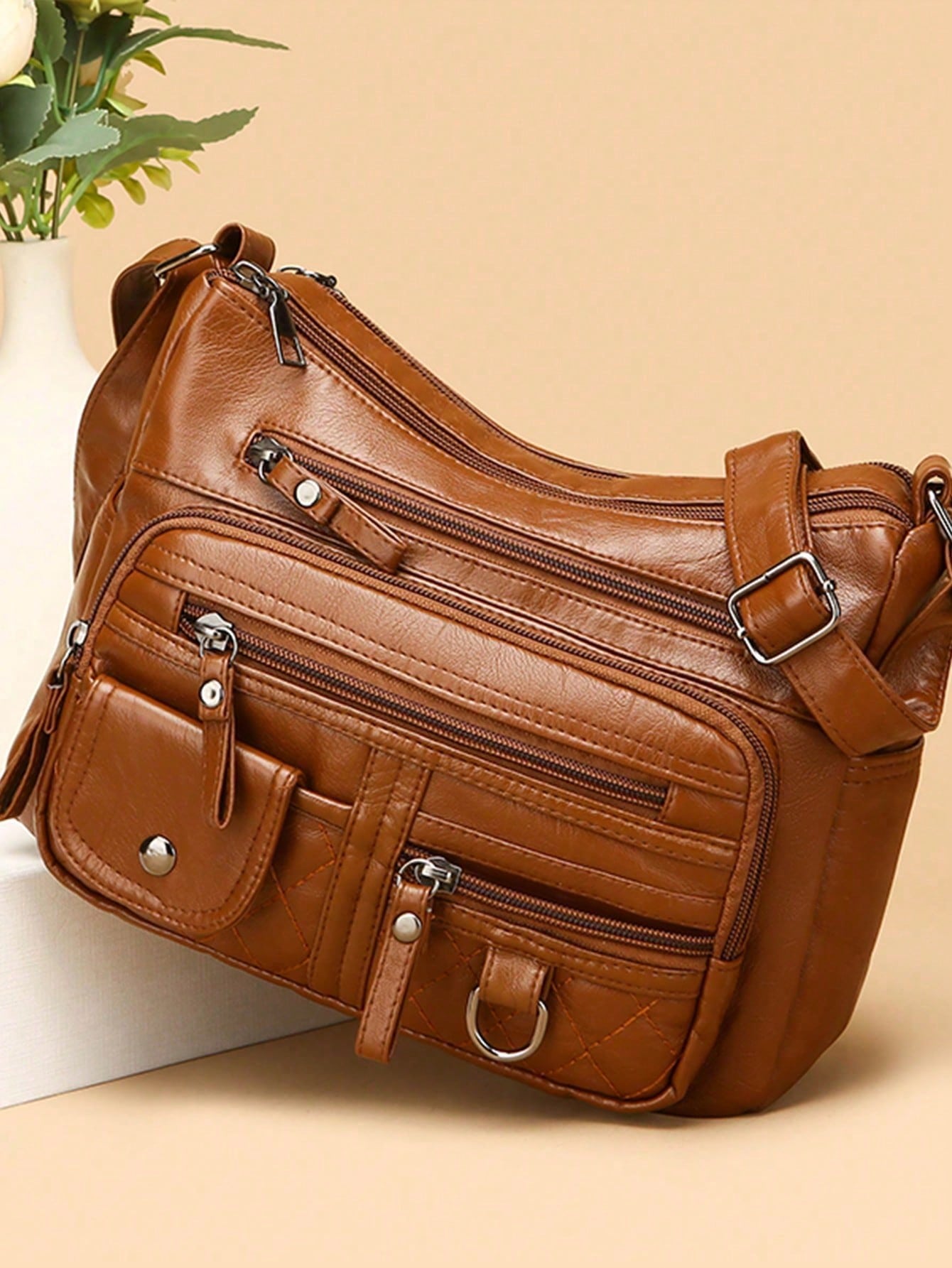Women's Solid Brown Large Capacity Tote Bag, PU Leather Material, Multi-Layer Zipper Pockets Vintage Elegant Crossbody Bag, Small Leather Strap Zipper Handle, Braided Decor, Quilted Outdoor Shopping M