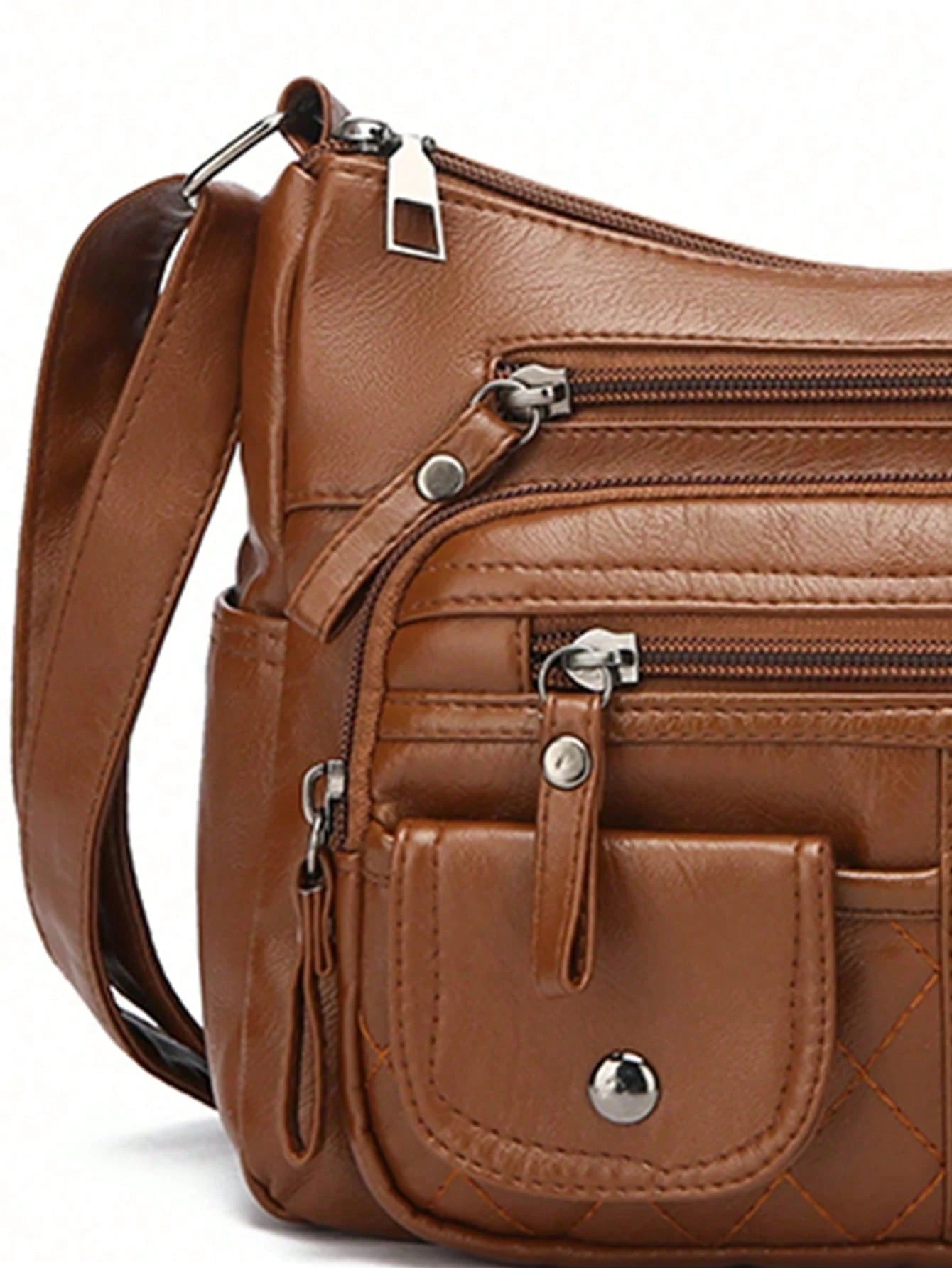 Women's Solid Brown Large Capacity Tote Bag, PU Leather Material, Multi-Layer Zipper Pockets Vintage Elegant Crossbody Bag, Small Leather Strap Zipper Handle, Braided Decor, Quilted Outdoor Shopping M