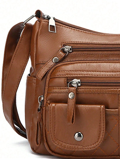 Women's Solid Brown Large Capacity Tote Bag, PU Leather Material, Multi-Layer Zipper Pockets Vintage Elegant Crossbody Bag, Small Leather Strap Zipper Handle, Braided Decor, Quilted Outdoor Shopping M