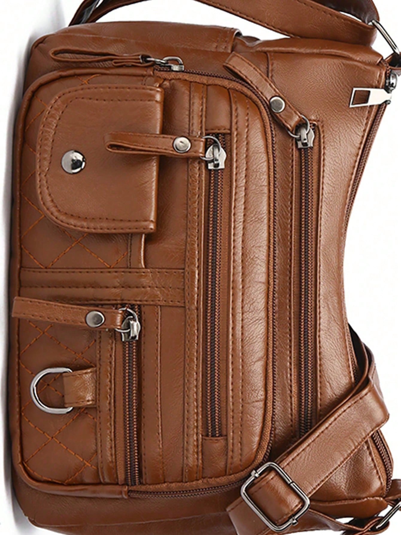 Women's Solid Brown Large Capacity Tote Bag, PU Leather Material, Multi-Layer Zipper Pockets Vintage Elegant Crossbody Bag, Small Leather Strap Zipper Handle, Braided Decor, Quilted Outdoor Shopping M