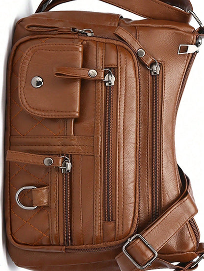 Women's Solid Brown Large Capacity Tote Bag, PU Leather Material, Multi-Layer Zipper Pockets Vintage Elegant Crossbody Bag, Small Leather Strap Zipper Handle, Braided Decor, Quilted Outdoor Shopping M