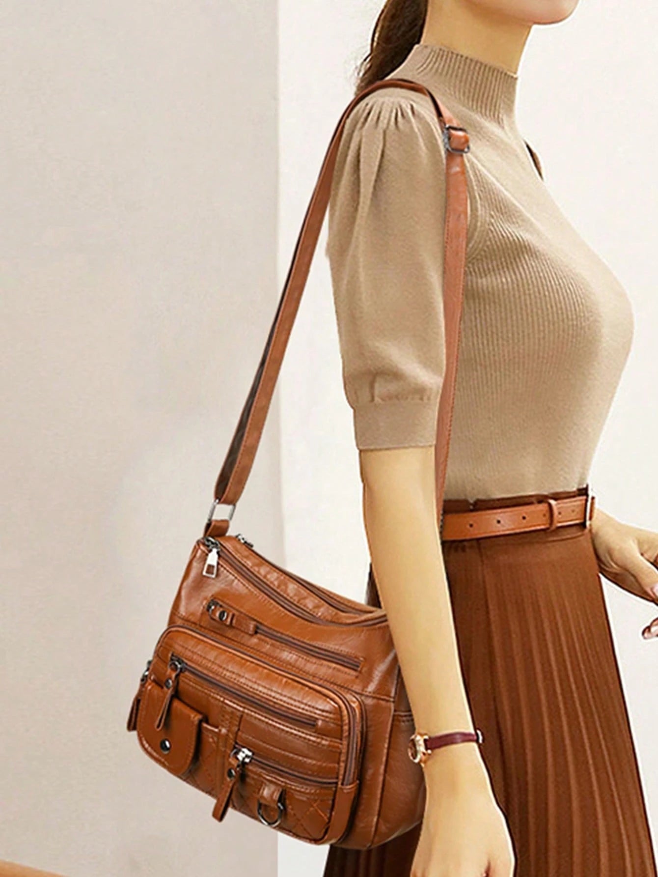 Women's Solid Brown Large Capacity Tote Bag, PU Leather Material, Multi-Layer Zipper Pockets Vintage Elegant Crossbody Bag, Small Leather Strap Zipper Handle, Braided Decor, Quilted Outdoor Shopping M
