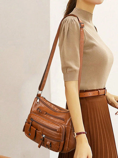 Women's Solid Brown Large Capacity Tote Bag, PU Leather Material, Multi-Layer Zipper Pockets Vintage Elegant Crossbody Bag, Small Leather Strap Zipper Handle, Braided Decor, Quilted Outdoor Shopping M