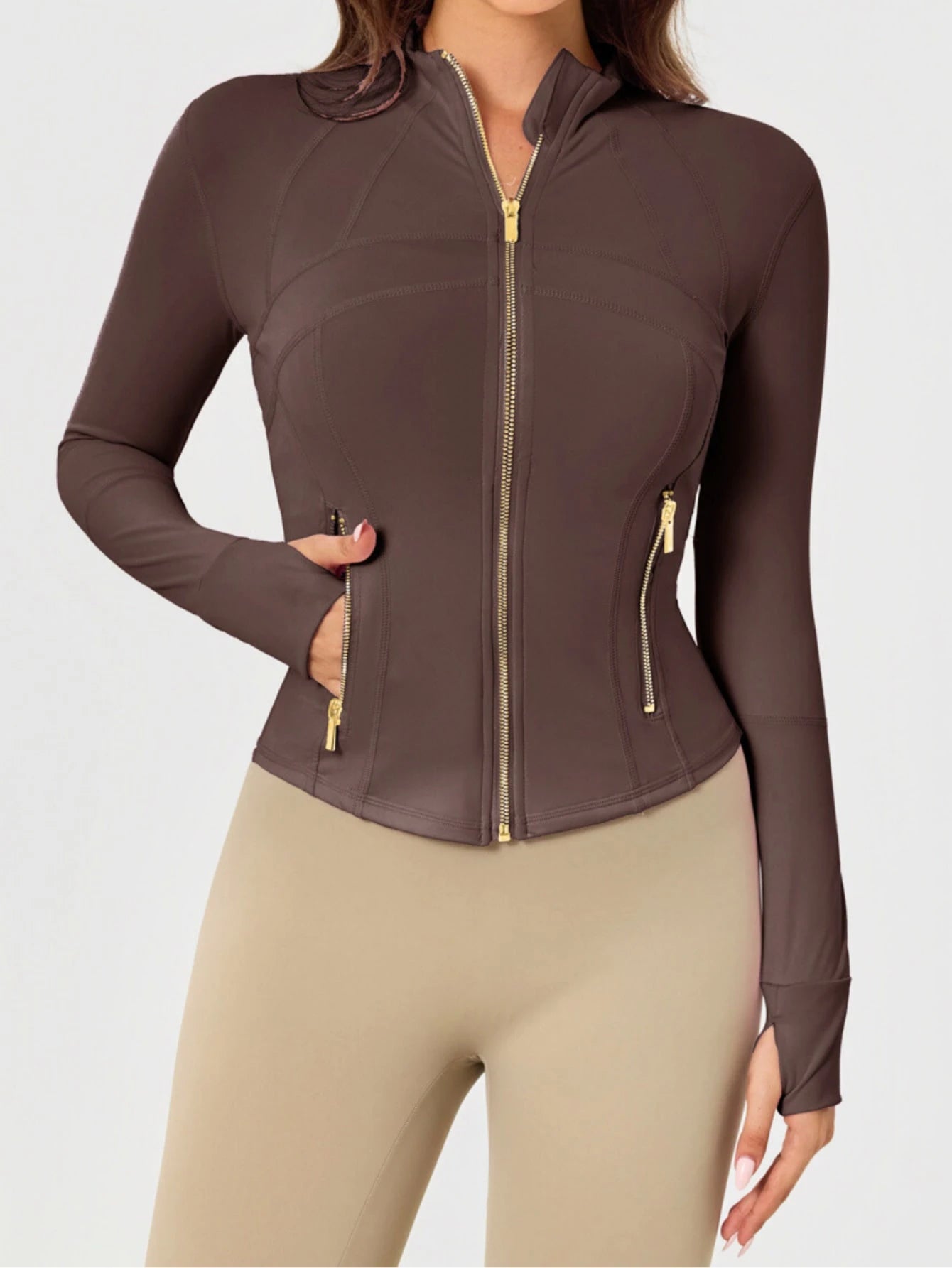 Women's Solid Color BBL Zip Up Sports Jacket With Pockets Gold Zipper High Stretch Lightweight Yoga Tennis Gym Workout Outerwear Workout Clothes Pickleball Clothes