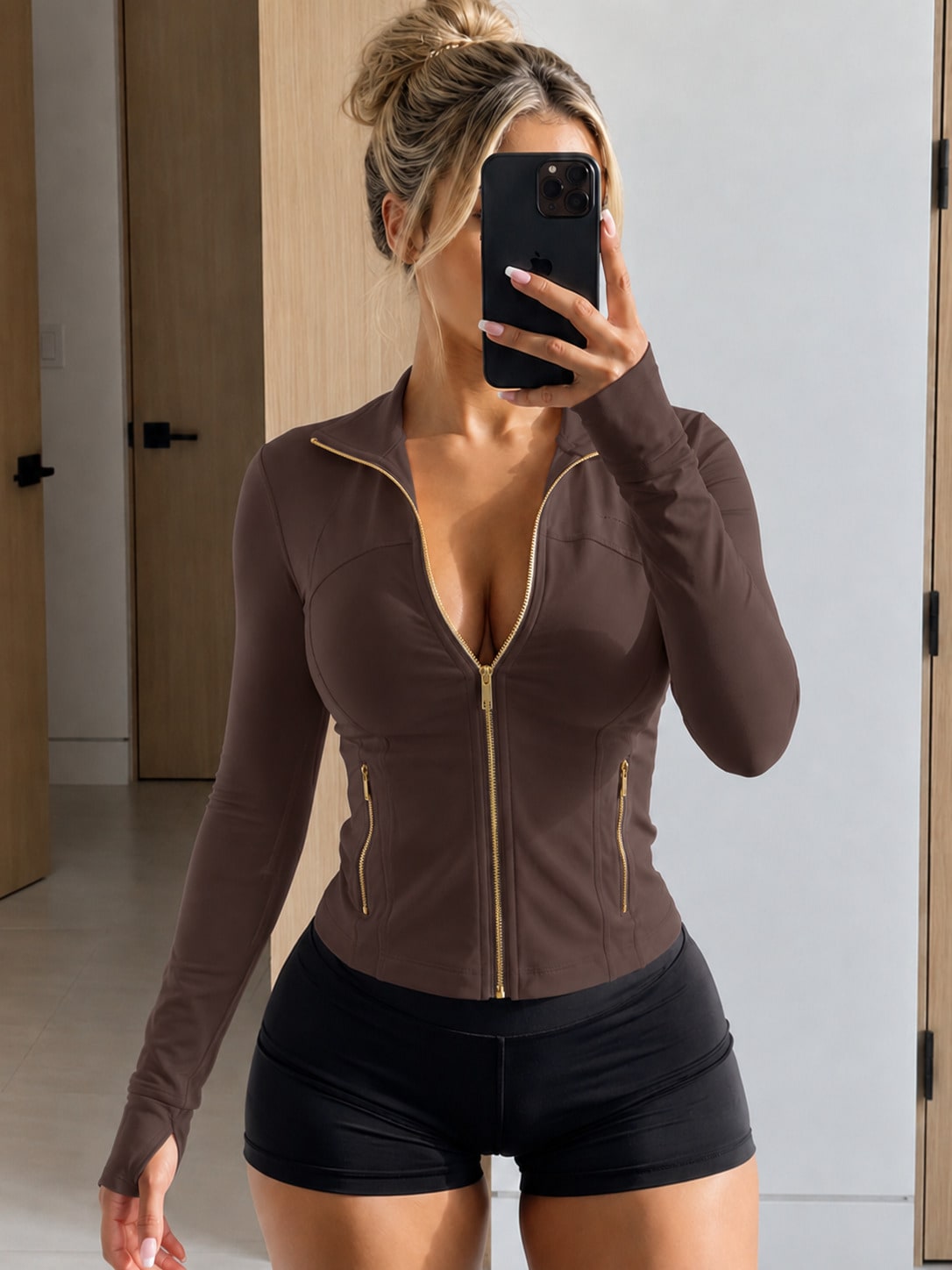 Women's Solid Color BBL Zip Up Sports Jacket With Pockets Gold Zipper High Stretch Lightweight Yoga Tennis Gym Workout Outerwear Workout Clothes Pickleball Clothes
