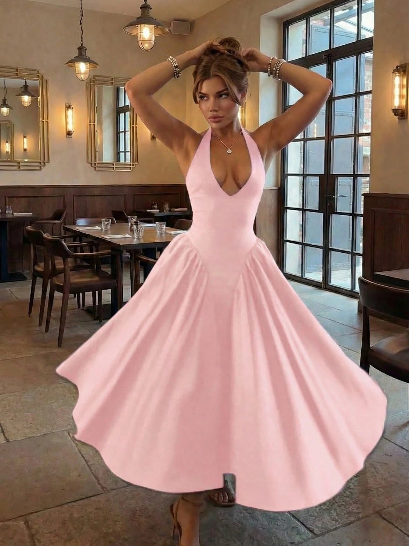 Women's Solid Color Deep V Elegant Casual Commute Date Romantic Dress Party Pink Summer