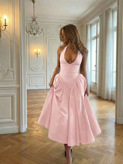 Women's Solid Color Deep V Elegant Casual Commute Date Romantic Dress Party Pink Summer