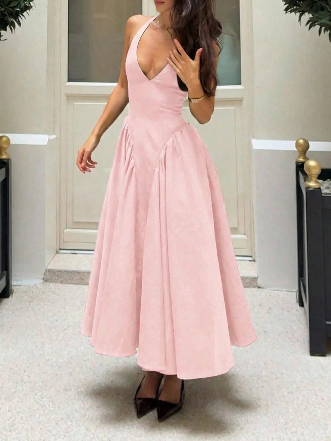 Women's Solid Color Deep V Elegant Casual Commute Date Romantic Dress Party Pink Summer