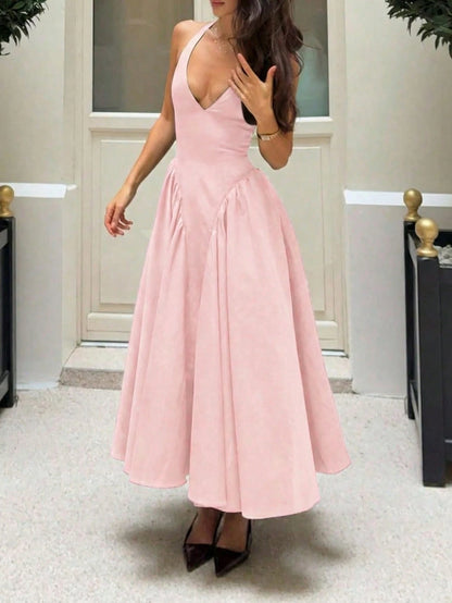 Women's Solid Color Deep V Elegant Casual Commute Date Romantic Dress Party Pink Summer