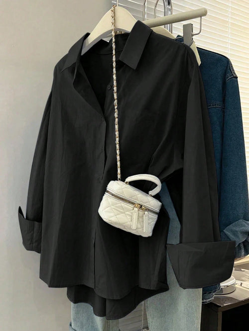 Women's Solid Color Drop Shoulder Long Sleeve Single-Breasted Casual Shirt Black Spring