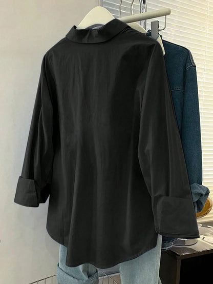 Women's Solid Color Drop Shoulder Long Sleeve Single-Breasted Casual Shirt Black Spring