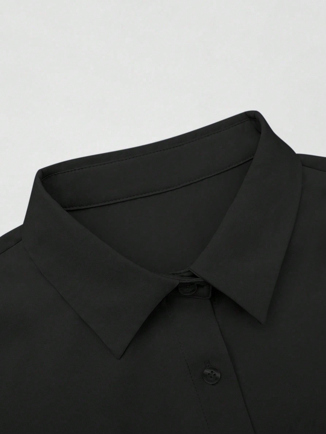 Women's Solid Color Drop Shoulder Long Sleeve Single-Breasted Casual Shirt Black Spring