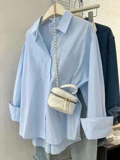 Women's Solid Color Drop Shoulder Long Sleeve Single-Breasted Casual Shirt Black Spring