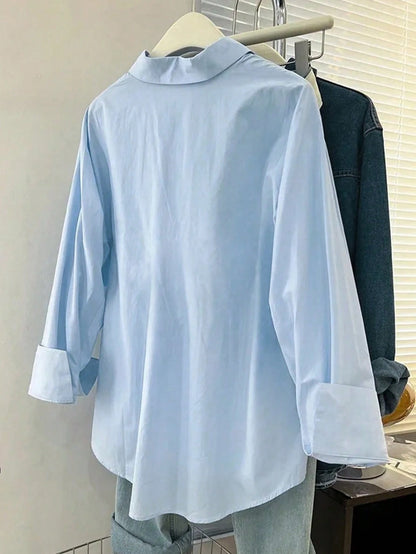 Women's Solid Color Drop Shoulder Long Sleeve Single-Breasted Casual Shirt Black Spring