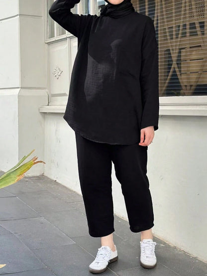 Women's Solid Color Drop Shoulder Loose Two Pieces Set, Summer Casual Daily Wear Fall