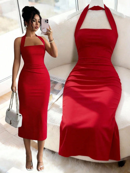 Women's Solid Color Elegant Midi Dress, Suitable For Vacation, Daily Gathering, Dating And Other Occasions Summer Red, Wedding Guest