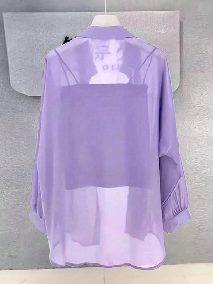 Women's Solid Color Front Button Casual Roll-Up Sleeve Shirt, Sheer Chiffon Long Sleeve Blouse, Lightweight Breathable Fabric, Elegant Design For Office/Party Wear, Spring/Summer, Aesthetic