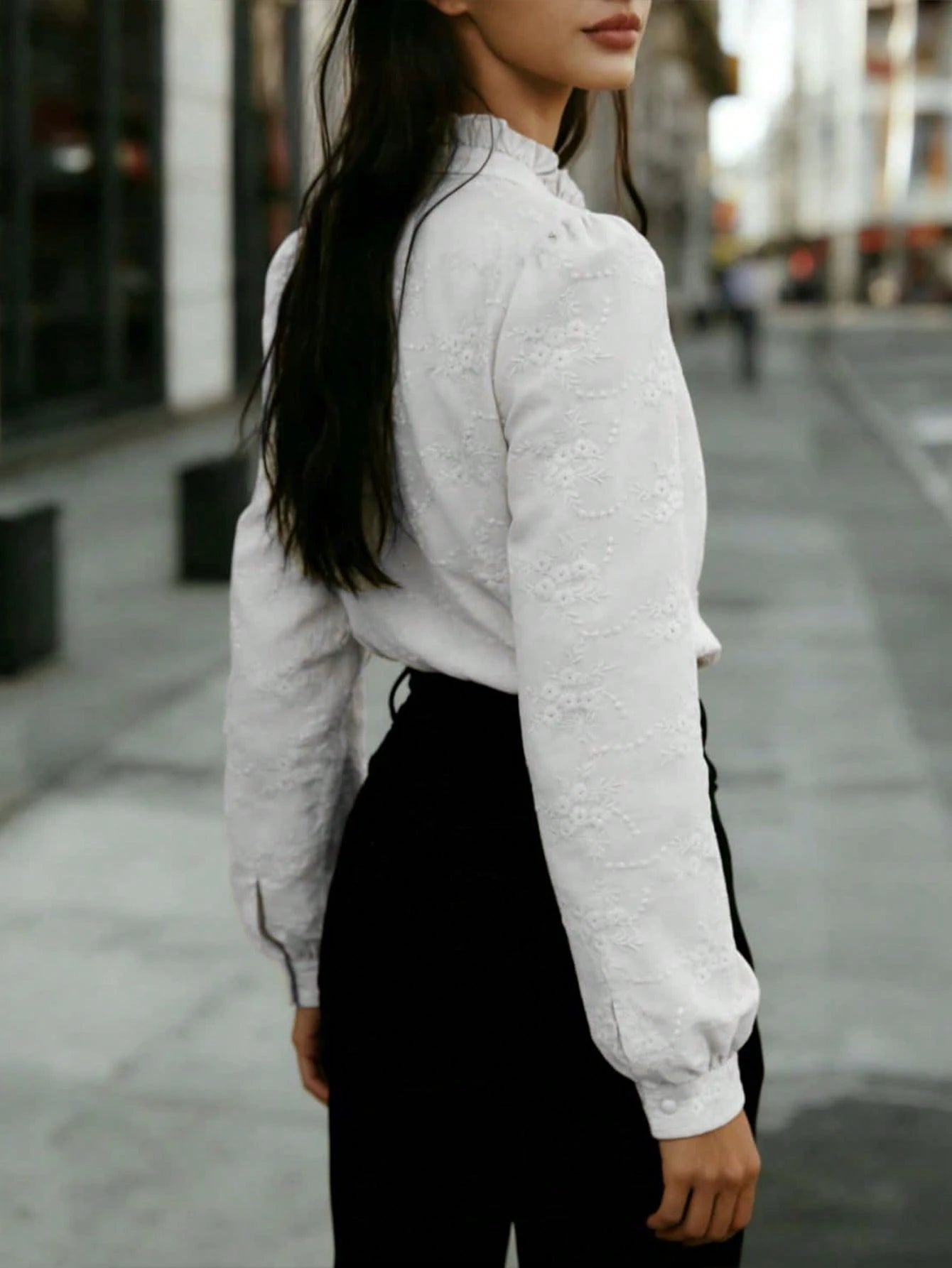 Women's Solid Color Long Sleeve Shirt, Floral Embroidery, Lapel Casual Business Blouse White