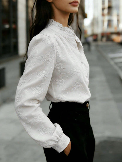 Women's Solid Color Long Sleeve Shirt, Floral Embroidery, Lapel Casual Business Blouse White