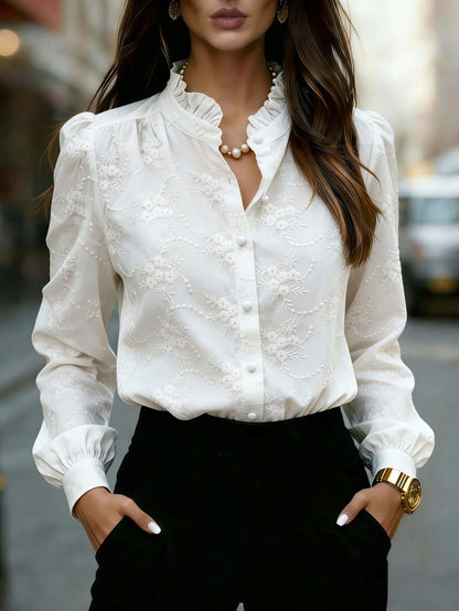 Women's Solid Color Long Sleeve Shirt, Floral Embroidery, Lapel Casual Business Blouse White