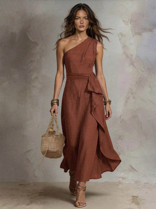 Women's Solid Color One-Shoulder Long Casual Elegant Sexy Vacation Dress Vacation Rust Brown Summer