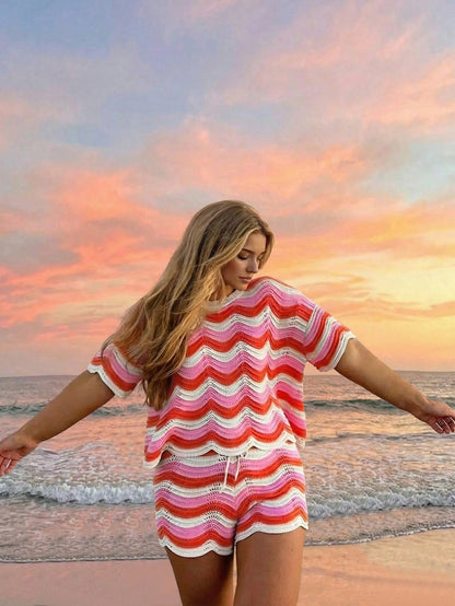 Women's Spring European And American Fashion Hollow Crochet Knit Short Sleeve Top And Casual Shorts Two Pieces Set, Plus Size Vacation Beach Summer, Resort Wear