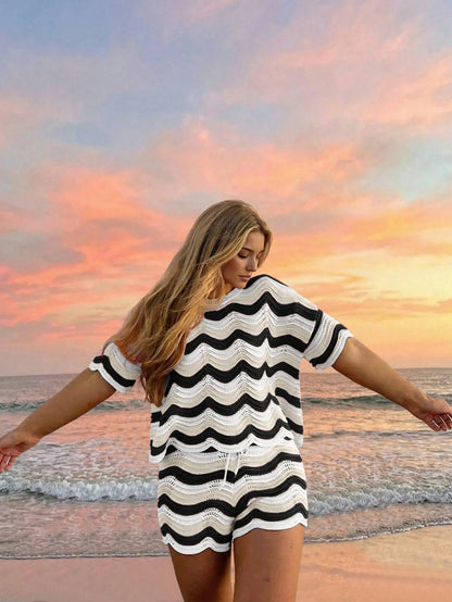 Women's Spring European And American Fashion Hollow Crochet Knit Short Sleeve Top And Casual Shorts Two Pieces Set, Plus Size Vacation Beach Summer