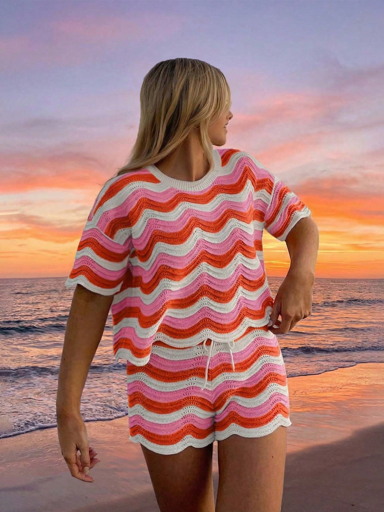 Women's Spring European And American Fashion Hollow Crochet Knit Short Sleeve Top And Casual Shorts Two Pieces Set, Plus Size Vacation Beach Summer, Resort Wear