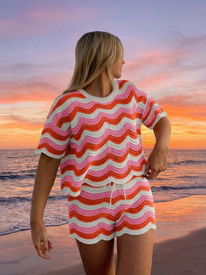 Women's Spring European And American Fashion Hollow Crochet Knit Short Sleeve Top And Casual Shorts Two Pieces Set, Plus Size Vacation Beach Summer, Resort Wear