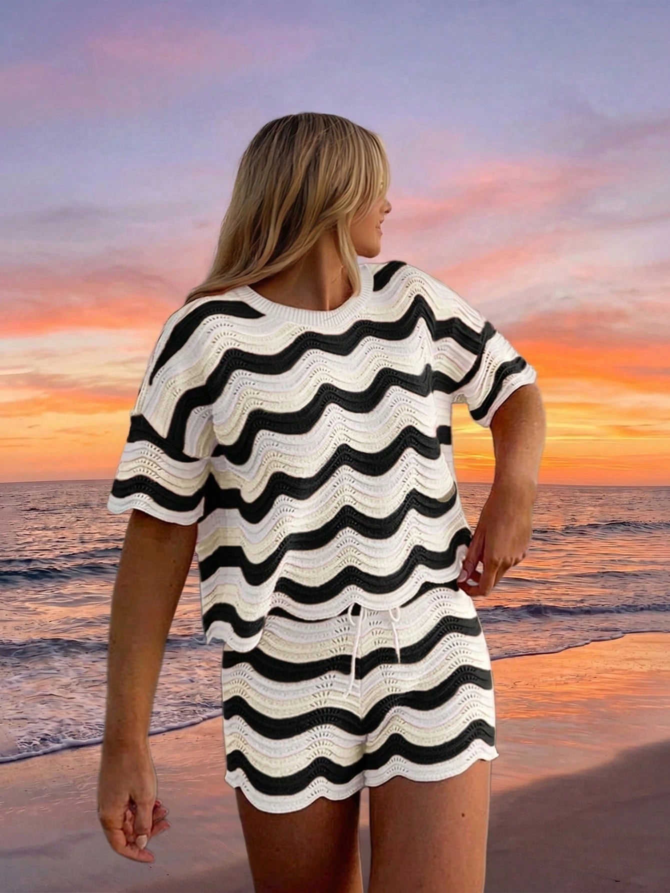 Women's Spring European And American Fashion Hollow Crochet Knit Short Sleeve Top And Casual Shorts Two Pieces Set, Plus Size Vacation Beach Summer