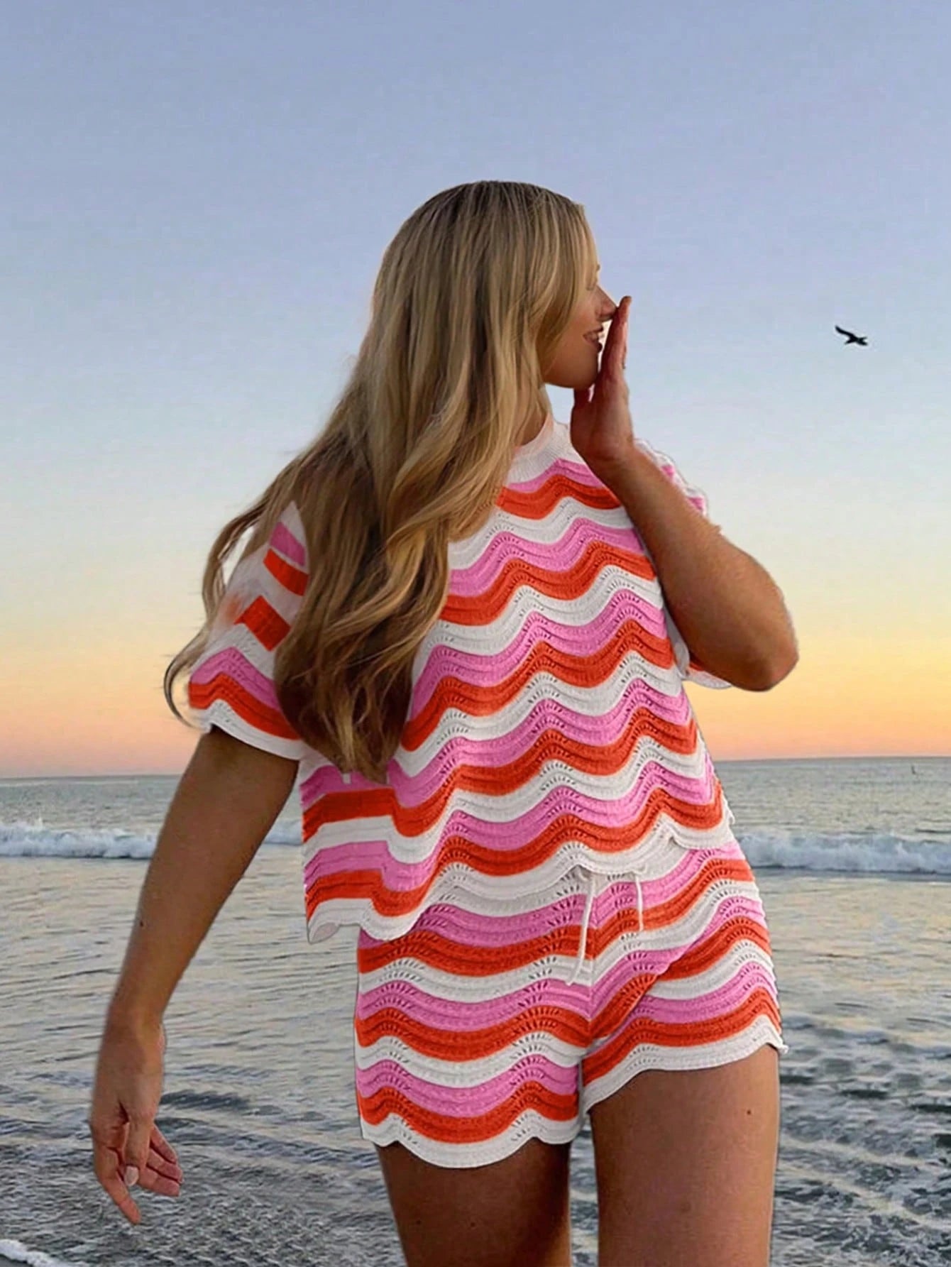 Women's Spring European And American Fashion Hollow Crochet Knit Short Sleeve Top And Casual Shorts Two Pieces Set, Plus Size Vacation Beach Summer, Resort Wear